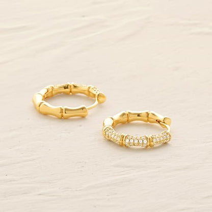 Women Gold Earrings Huggie Hoop Cubic Zirconia 14K Gold Plated Small Simple Hypoallergenic Everyday Jewelry - style: Bamboo