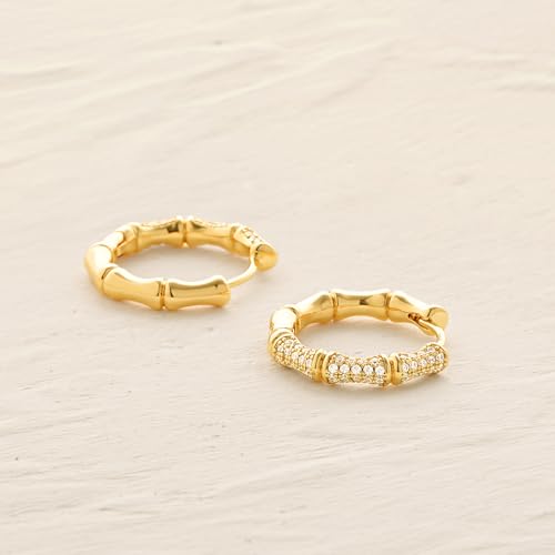 Women Gold Earrings Huggie Hoop Cubic Zirconia 14K Gold Plated Small Simple Hypoallergenic Everyday Jewelry - style: Bamboo