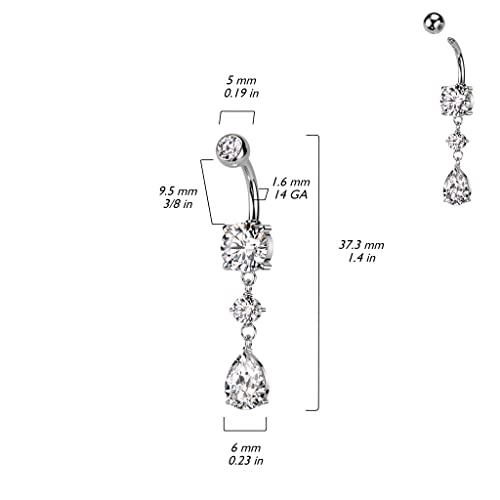 Pierced Owl 14GA 316L Stainless Steel CZ Crystal Tear Drop Dangling Belly Button Ring - style: Silver Tone