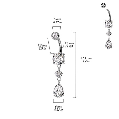 Pierced Owl 14GA 316L Stainless Steel CZ Crystal Tear Drop Dangling Belly Button Ring - style: Rose Gold Tone