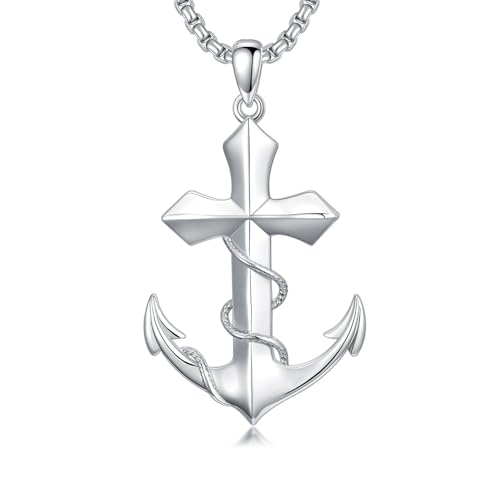 ROMANTICWORK Cross Necklace for Men 925 Sterling Silver Three Nail Cross/Atheist/Anchor/Skull Pendant Christian Protect Jewelry Birthday Gifts for Husband - color: Anchor Cross-A