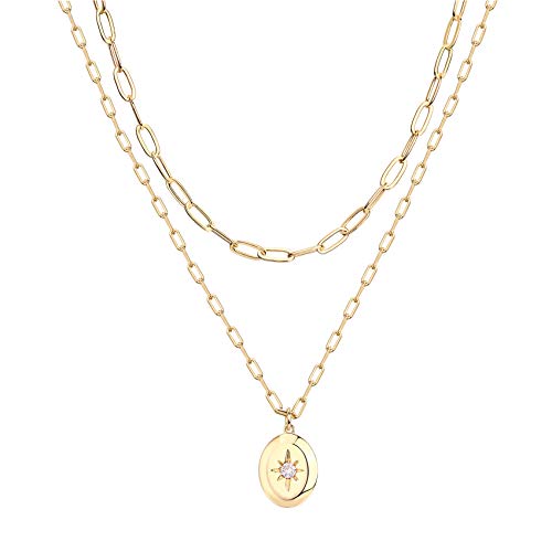 PAVOI 14K Gold Plated Layering Necklaces | Stylish Minimalist Design Pendant Necklaces | Bar, Circle, Lotus, Disc, Dog Tag, Horizontal Bar Pendants for Women - style: Double Star