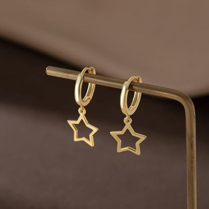 Reffeer Solid 925 Sterling Silver Star Hoop Dangle Earrings for Women Teen Girls Star Drop Earrings Huggie - color: B-Yellow