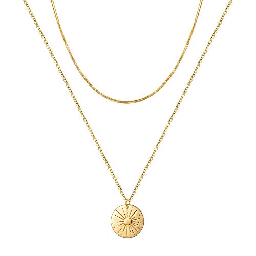 Turandoss Gold Layered Necklaces for Women - 14K Gold Plated Handmade Multilayer Bar Pearls Coin Disc Moon Butterfly Medallion Adjustable Dainty Layered Choker Necklaces for Women Jewelry - style: 2PCS - Chain&Sunbeam