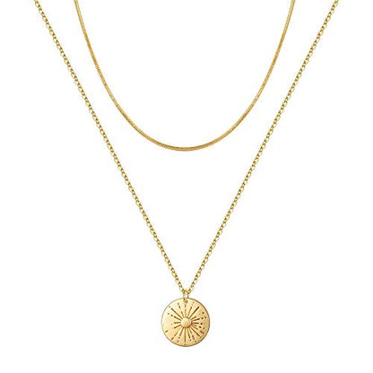 Turandoss Gold Layered Necklaces for Women - 14K Gold Plated Handmade Multilayer Bar Pearls Coin Disc Moon Butterfly Medallion Adjustable Dainty Layered Choker Necklaces for Women Jewelry - style: 2PCS - Chain&Sunbeam