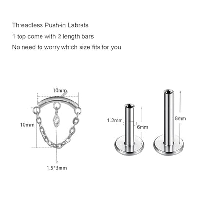 BelezaDosas G23 Titanium Labret Studs Threadless Push-in Labret Press Fit 16G Cluster Helix Lobe Conch Tragus Push Back Piercing Jewelry - style: chain silver eye