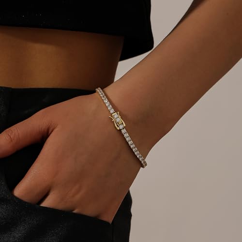 Gem's Beauty 925 Sterling Silver Tennis Bracelet Cubic Zirconia Silver Bracelets For Women 14k Gold Plated 6.5 inches-9 inches - color: Gold 4MM, size: 9 inches
