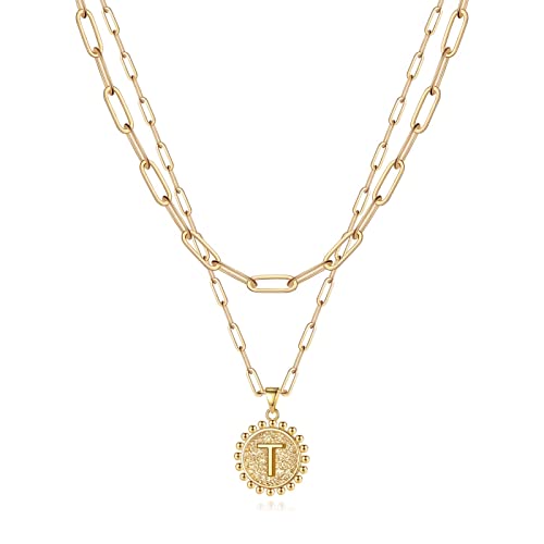 Yoosteel Layered Initial Necklaces for Women Trendy, Letter A-Z Necklace | 14K Gold-Plated, Paperclip Chain, Coin Initial Necklace, Necklaces for Teen Girl Gifts, Jewelry for Women, Gifts for Mom Wife - color: Gold, style: T