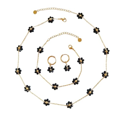 Daisy Pearl Jewelry Set for Women, 14K Gold Plated Stainless Steel Necklace Bracelet Earring 3 Piece Set, Dainty Pearl Choker Flower Necklace Birthday Gift for Her - color: Black
