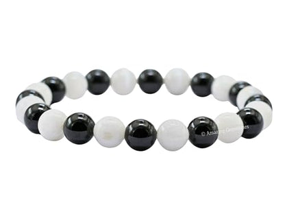 Amazing Gemstone Black Tourmaline Selenite Crystal Bracelet for Women Men's Gifts - Protection Healing Crystal Bracelet - 8mm Gemstone Beaded Stretchable Bracelet Pulseras Para Hombres Mujer Stocking Stuffers Mothers Day Gift - color: Black Tourmaline Sel