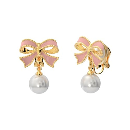 Simulated Pearl Clip On Stud Earrings - style: Pink Bow with Dangling Pearls