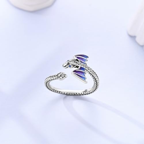 Hapour Adjustable Dinosaur Rings for Women S925 Sterling Silver Stackable Open Eternity Band Wing Dino Rings - color: A