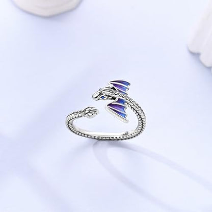 Hapour Adjustable Dinosaur Rings for Women S925 Sterling Silver Stackable Open Eternity Band Wing Dino Rings - color: A
