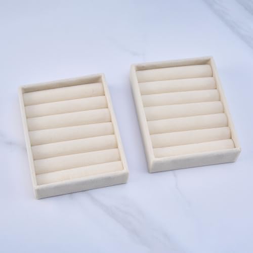 Ring Tray - 2PCS Small Jewelry Organizer, Velvet Rings & Earrings Display Tray with Storage Insert (Beige)