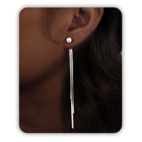 DAYANEY Silver Gold Bow Dangle Long Earrings for Women Trendy | Bow Rhinestone Ribbon Earring Chain Prom Jewelry, Bow Earrings Statement Dainty Earring as Wedding Bridesmaid Formal Jewelry - color: Silver, size: long dangle