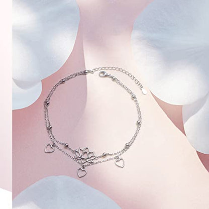 Flyow Anklet for Women S925 Sterling Silver Adjustable Foot Beaded Heart Charm Ankle Bracelet Anklets Jewelry - style: lotus