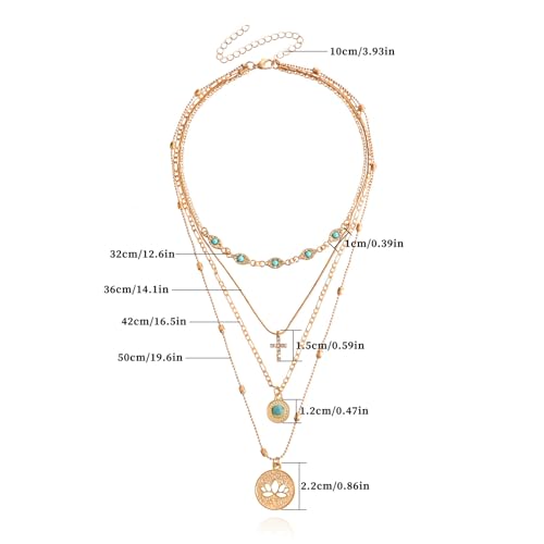 Gold Layered Necklace for Women Summer Boho Layered Stacked Pendant Necklace Country Concert Necklace Turquoise Coin Long Necklace - color: B