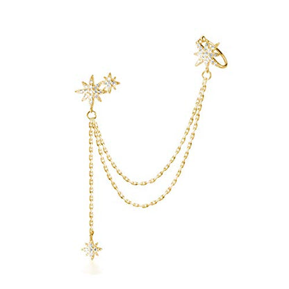 SLUYNZ 925 Sterling Silver Fashion Star Cuff Earring Chain for Women Star Crawler Earring Wrap Earrings - color: One Earring(Left)-B-18K Gold Plated