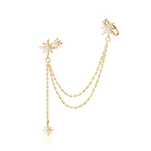 SLUYNZ 925 Sterling Silver Fashion Star Cuff Earring Chain for Women Star Crawler Earring Wrap Earrings - color: One Earring(Left)-B-18K Gold Plated