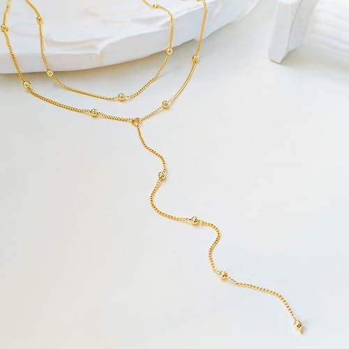 Luxval Lariat Gold Necklace for Women, Dainty Long Necklace 14k Gold Plated/Silver Y-Shaped Pendant Necklaces Trendy Beaded Chain Drop Necklaces Jewelry for Women Gifts - color: Gold-Y Layered Bead Necklace