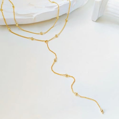 Luxval Lariat Gold Necklace for Women, Dainty Long Necklace 14k Gold Plated/Silver Y-Shaped Pendant Necklaces Trendy Beaded Chain Drop Necklaces Jewelry for Women Gifts - color: Gold-Y Layered Bead Necklace