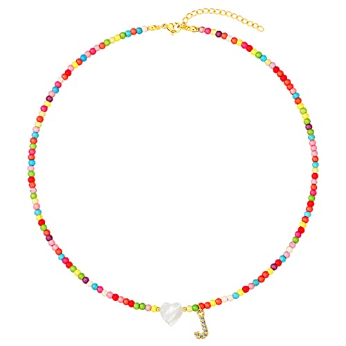 MJartoria Initial Necklaces for Women, Colorful Beaded Necklace, Shell Beach Necklace Letter Choker Handmade Jewelry Gifts - style: J