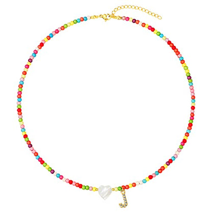 MJartoria Initial Necklaces for Women, Colorful Beaded Necklace, Shell Beach Necklace Letter Choker Handmade Jewelry Gifts - style: J