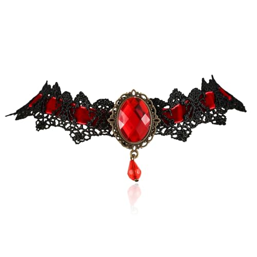 Gothic Lace Choker Necklace for Women Vintage Velvet Gemstone Clavicle Chain Punk Style Hollowed Out Lace Necklaces Halloween Vampire Party Jewelry - color: Red