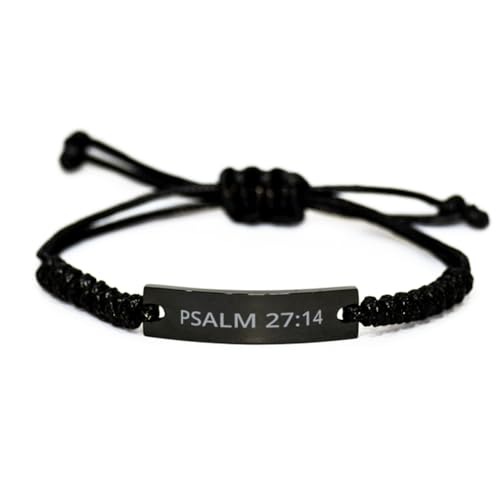 Personalized Christian Bible Verses Black Rope Bracelet Inspirational Scripture ID Cross Religious Quote Faith God Engraved Adjustable Customized Gifts for Men Women Kiss Him Husband Father Bois - style: Psalm 27:14