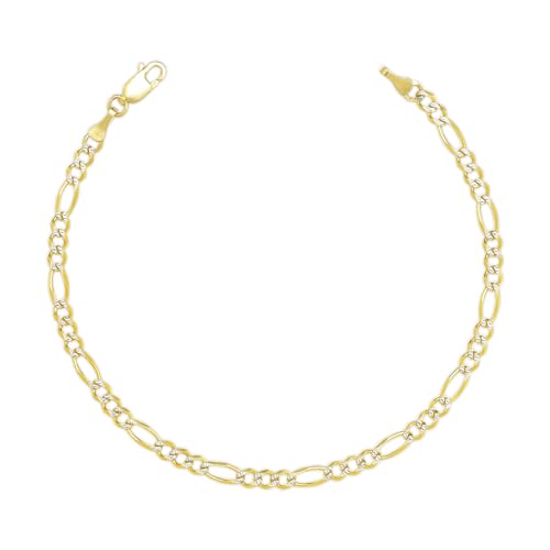 Floreo 10k Yellow Gold and White Gold 2.5mm Solid Two-Tone Figaro Chain Bracelet or Anklet