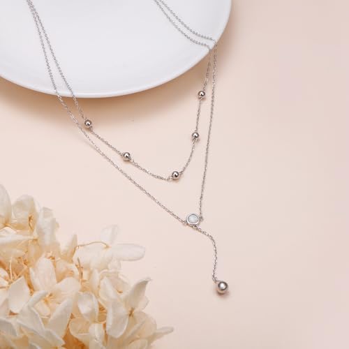 FLYOW Layered Necklace S925 Sterling Silver Y Shaped Jewelry - style: Round White Opal Layered Necklace