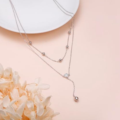 FLYOW Layered Necklace S925 Sterling Silver Y Shaped Jewelry - style: Round White Opal Layered Necklace
