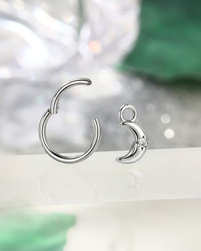 COCHARM Clicker Rook Earring-Star 16G Moon & Square Helix Rarrings,316L Stainless Steel Helix Daith piercing Jewelry 6/8MM - color: Moon-6MM
