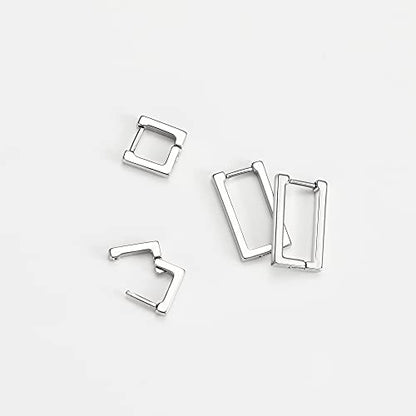 2 Pairs 14K Gold Plated Minimalist Hoop Earrings Small Dainty Geometric Square and Rectangle Huggies Hoops for Girls Women Gift, gold, silver and black - color: Silver