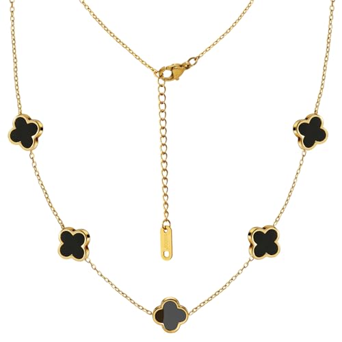 Four Leaf Clover Necklace 18K Gold Plated Necklaces for Women Lucky Flower Pendant Adjustable Link Chain Stainless Steel Dainty Trendy Simple Jewelry Gifts for Women - color: 5G-Single Black