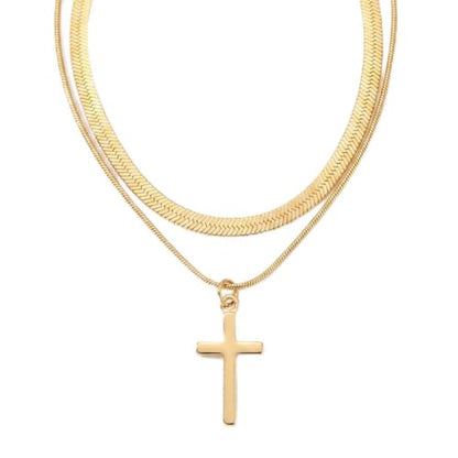 Double Layered Cross Necklace for Women Men, Herringbone Snake Chain and Box Chain Stack, Dainty Minimalist Pendant Jewelry for Daily Wear Celebration Events
