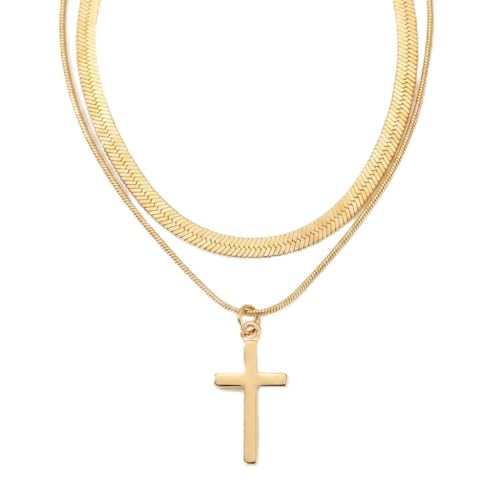 Double Layered Cross Necklace for Women Men, Herringbone Snake Chain and Box Chain Stack, Dainty Minimalist Pendant Jewelry for Daily Wear Celebration Events