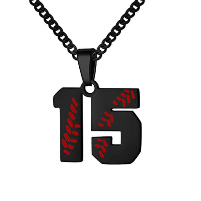 Hatti Doris Baseball Number Necklace for Men 00-99 - Jersey Number Necklace with Stainless Steel Gold Plated Chain & Baseball Charm Pendant - color: Black, style: 15