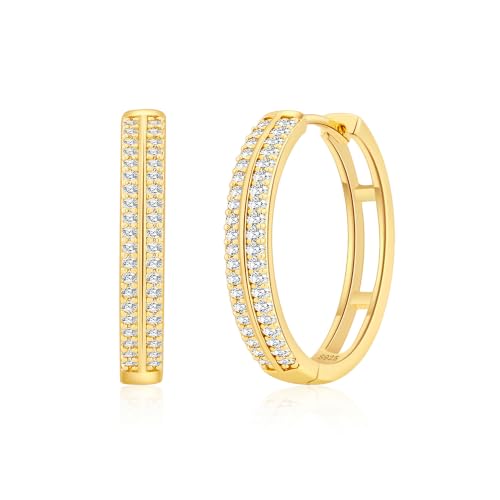 RANKEEF Small Rhinestone Hoop Earrings 925 Silver Everyday Cartilage Hoops Hypoallergenic Dainty 14K Gold Plated Huggie Sparkle Double Row Cubic Zirconia Hoop Earrings 10/15/20/25mm - color: Gold, size: 25mm