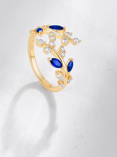 Silver Leaf Ring for Women 925 Sterling Silver Yellow Gold Plated CZ Inlaid Marquise Sapphire/Ruby/Emerald Cocktail Rings Size 6 to 10 - color: Sapphire - Gold