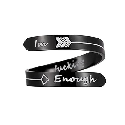 Opening Black Keep Going ring Stainless Steel Adjustable Never give up Jewelry Inspirational Opening Stacking Cute Hiphop Band - style: IM F Enough
