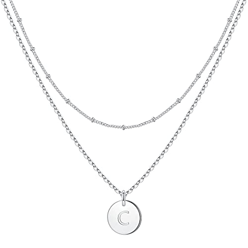 IEFWELL Initial Necklaces for Women Girls, Disc Letter A-Z Layered Necklace | Disc Necklaces for Women Girls, 14K Gold Plated, Double Side Engraved Coin Necklaces, Jewelry Birthday Gifts for Teen Girls - color: White, size: 14"+2"/16"+2", style: C