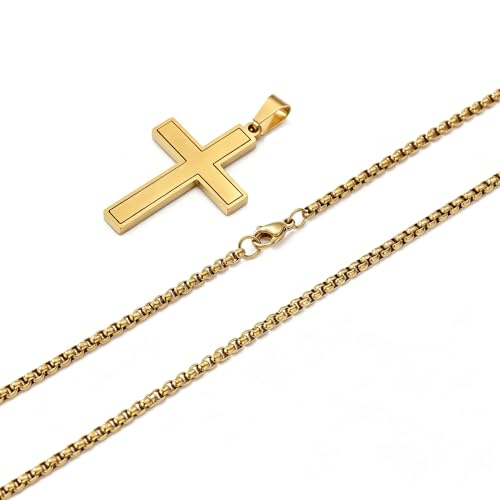 Grace Whisper Cross Necklace for Men Women-18K Gold Plated 316L Stainless Steel Double-Layer Hollow Cross Pendant with 2mm Box Chain Silver/Gold/Black 18/20/22/24 Inch Necklace Minimalist Religious Christian Baptism Jewelry Gift - color: Gold, size: 22 in