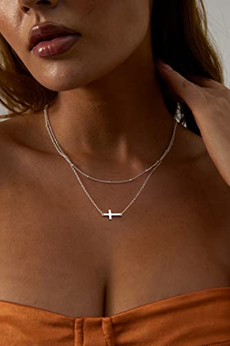 VIROMY Gold Cross Necklace for Women 14K Gold Plated Cute Sidways Cross Pendant Choker Necklaces Simple Trendy Everyday Jewelry for Women - style: Layered Sideways Cross-38/42CM-Silver