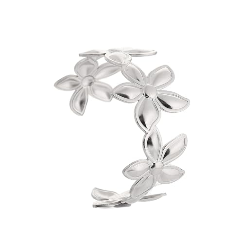 YWMAN Silver Flower Cuff Bracelet, Metallic Floral Chunky Bracelet for Women - color: Flower 2