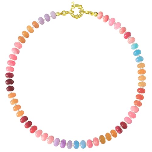 HAXIYA Colorful Beades Gemstone Necklace for Women Boho Beaded Choker | Rainbow Natural Stone Chunky Bead Surfer Summer Beach Necklaces Jewelry Hypoallergenic - color: Multi