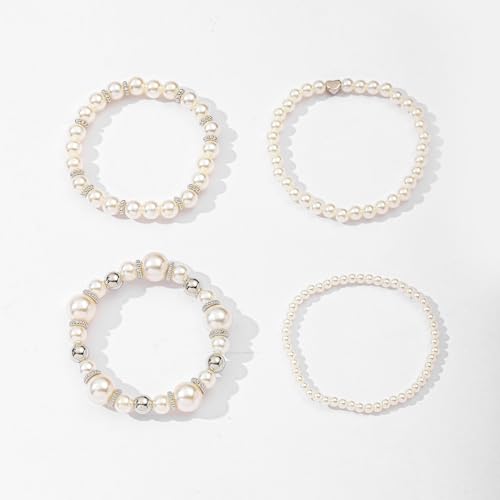 4/8 Pack Pearl Bracelets for Women Simulated Pearl Beaded Stackable Bracelet Set White Pearls Stretch Bracelet Set Multilayered Elastic Pearls Bracelets Bangles for Women Bridal Boho Jewelry - color: Silver
