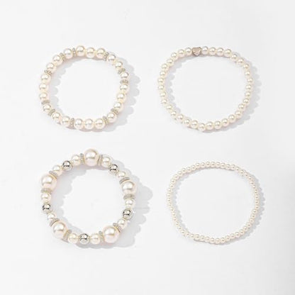 4/8 Pack Pearl Bracelets for Women Simulated Pearl Beaded Stackable Bracelet Set White Pearls Stretch Bracelet Set Multilayered Elastic Pearls Bracelets Bangles for Women Bridal Boho Jewelry - color: Silver