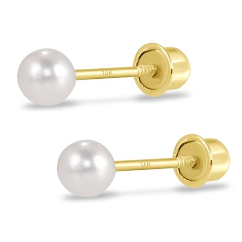 EVAYA Real 14k Gold Freshwater Pearl Stud Earrings for Women (3mm-6mm) | Real solid 14k gold with genuine freshwater pearl; 3-6mm diameter; secure screw back; hypoallergenic, classic everyday - size: 3mm