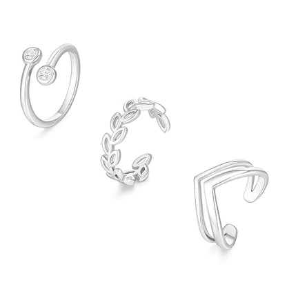 3PCS Toe Rings for Women 14K Gold Filled Adjustable Toe Ring Set Cute CZ Leaf Double Band Open Toe Rings Sterling Silver Plated Hawaiian Beach Summer Foot Jewelry - color: A-Silver